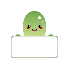 Cute happy cartoon style raw shelled pumpkin seed character holding in hands blank card, banner.