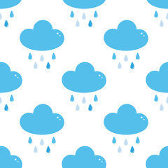 Blue clouds with rain drops, rainy weather vector cartoon style seamless pattern background.
