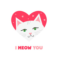 Cute cartoon style illustration with white cat in pink heart. I meow you. Valentine’s Day card. Love and appreciation concept.
