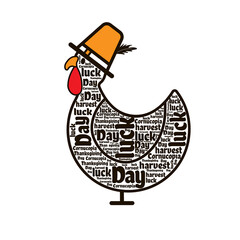 Silhouette of a turkey in a hat with a cloud of words for the holiday Thanksgiving. Vector illustration