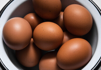 brown eggs in a light blue plate close-up