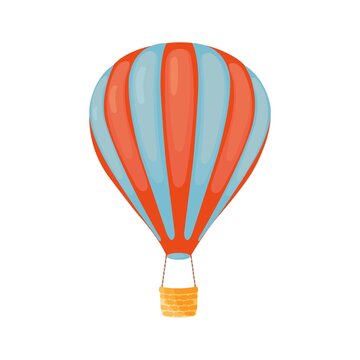 Striped red-blue hot air balloon with basket in cartoon style isolated on white background. Hot air balloon flat design. Adventure tourism concept.