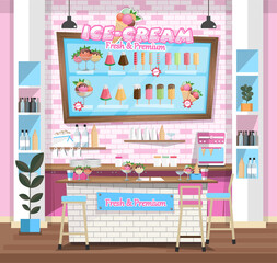 Empty interior ice-cream shop with Design Elements. Flat style illustration. Vector Illustration