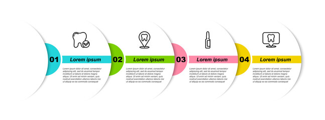 Set line Tooth whitening concept, Dental clinic location, Painkiller tablet and . Business infographic template. Vector