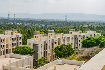 Top view of an Indian colony from top of a building with beautiful blue sky cloud. - 435058186