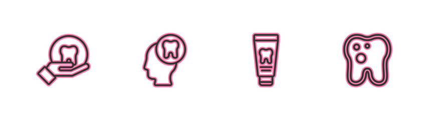Set line Tooth, Tube of toothpaste, Human head with and caries icon. Vector