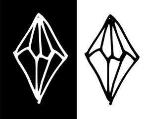 Vector set of stylized crystal drawn in doodle style with white and black line on contrasting backgrounds. Crystal with sharp edges in the shape of a diamond symbol of witchcraft and magic for the des
