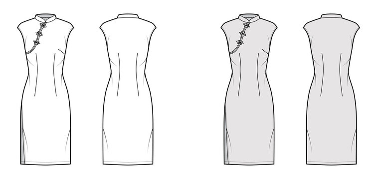 Dress qipao cheongsam technical fashion illustration with short sleeves, fitted body, knee length pencil skirt. Flat apparel front, back, white, grey color style. Women, men unisex CAD mockup