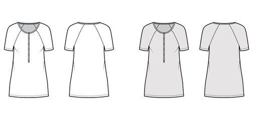 Naklejka premium Dress henley collar technical fashion illustration with short raglan sleeves, oversized body, mini length pencil skirt. Flat apparel front, back, white, grey color style. Women, men unisex CAD mockup