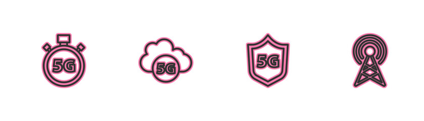 Set line Digital speed meter 5G, Protective shield, Cloud network and Antenna icon. Vector