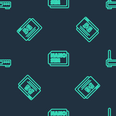 Set line Nano Sim Card, 5G network and Router and wi-fi signal on seamless pattern. Vector