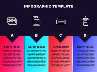 Set line 3D word, SD card, Cinema chair and Paper glass with water. Business infographic template. Vector