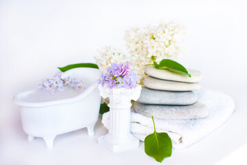 Obraz na płótnie Canvas bathroom in lilac. Spa treatment room aromatherapy beautiful room design