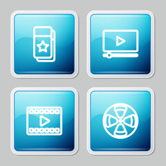 Set line Cinema ticket, Online play video, Play Video and Film reel icon. Vector