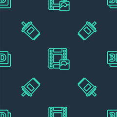 Set line Play Video, Paper glass with water and 3D word on seamless pattern. Vector