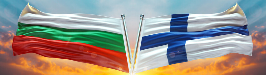 Bulgaria Flag and Finland flag waving with texture sky Cloud and sunset Double flag 