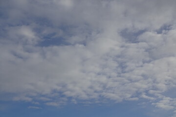 The blue sky with a lot of white clouds. Background or backdrop.