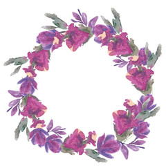wreath of watercolor lilac and pink flowers green leaves,for a card ,congratulation or invitation,botanical print