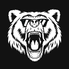 illustration of a bear with eyeglasses ,monochrome color ,vintage style ,isolated in dark background