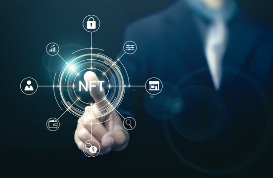 NFT non fungible token digital online cryptocurrency blockchain businessman concept, pay unique trading token collection vector art illustration computer infographic graphic blue network background