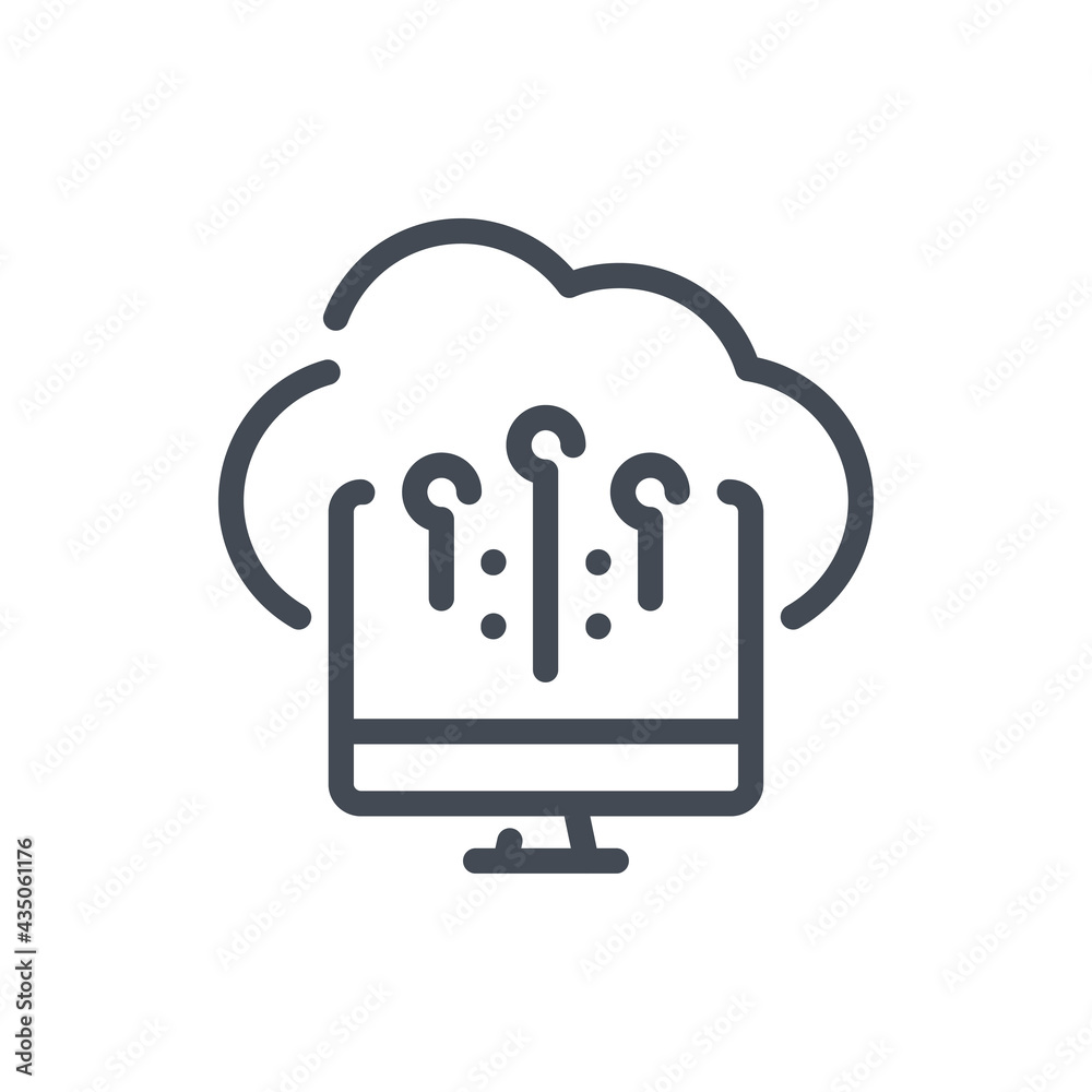 Poster cloud computing, computer with connection to cloud network and online hosting line icon. cloud servi