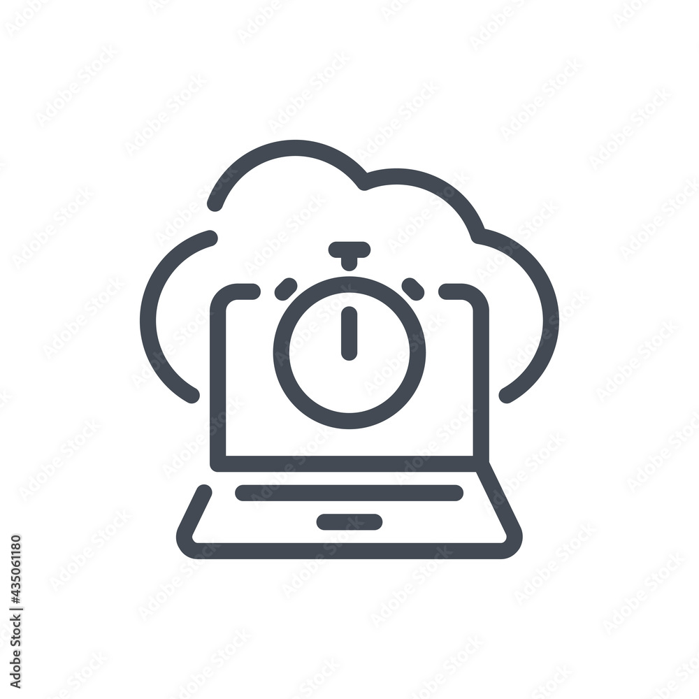 Poster cloud network with connection to laptop with stopwatch line icon. cloud network with fast response t