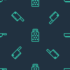 Set line Grater, Meat chopper and Frying pan on seamless pattern. Vector