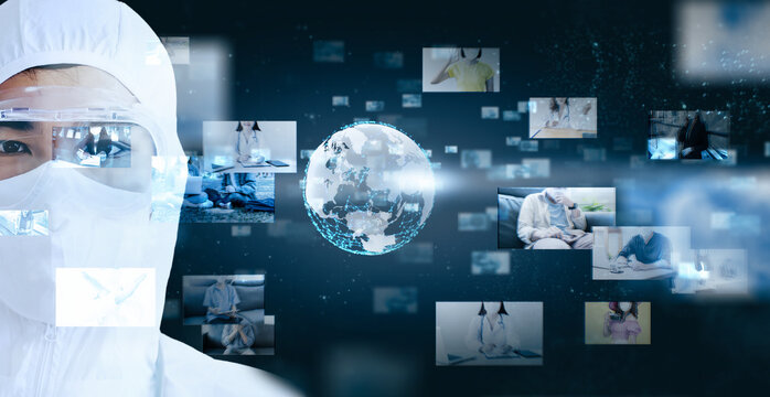 Futuristic world pandemic crisis of scientist wearing lab coat digital networking multimedia, world hologram abstract concept, blue background, online stream connection communication networking.