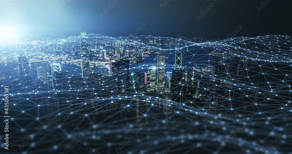 Fototapete plexus connection connectivity smart city scape blue background. wireless communication digital netw