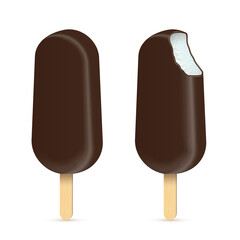 Whole and bitten ice cream Eskimo vector illustration. Popsicles covered with chocolate with wooden stick isolated on white background