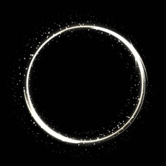 White circle with stars and light on black background. Round electric frame with sparkles. Geometric fashion design vector illustration. Empty minimal ring, abstract art decoration