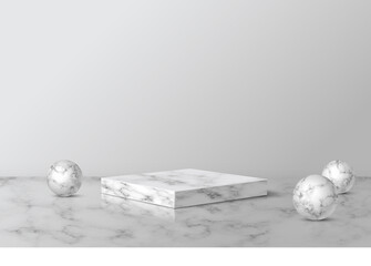Gray marble square podium for producta and balls. 3d pedestal in stone pattern vector illustration. Geometric stage on floor with spheres. Abstract realistic place for advertising or decoration