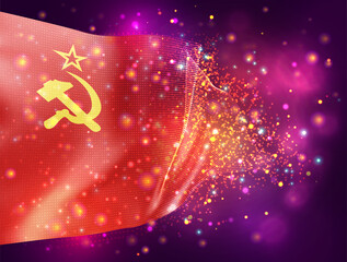 communist vector 3d flag on pink purple background with lighting and flares