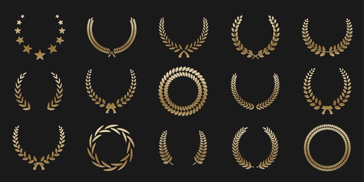 Golden laurel wreath round frame set. Rings with gold leaves, circle award logo or emblem vector illustration. Roman circular badge for anniversary, wedding, award isolated on dark background