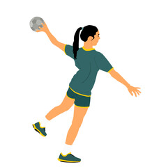 Girl handball player in action with ball vector illustration isolated on white. Woman handball player shoots a penalty. Sport lady jumping in the air.