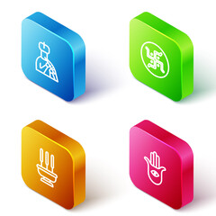 Set Isometric line Indian man plays flute, Hindu swastika, Incense sticks and Hamsa hand icon. Vector