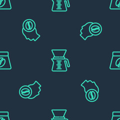 Set line Pour over coffee maker, Barista and Bag beans on seamless pattern. Vector