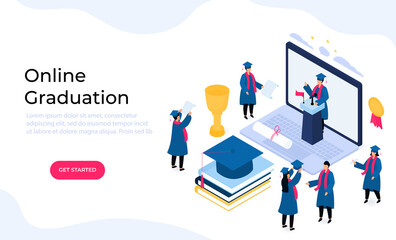 Virtual online graduation ceremony. Tiny isometric graduates in gowns and mortarboards celebrate completion of studies. Class of 2021