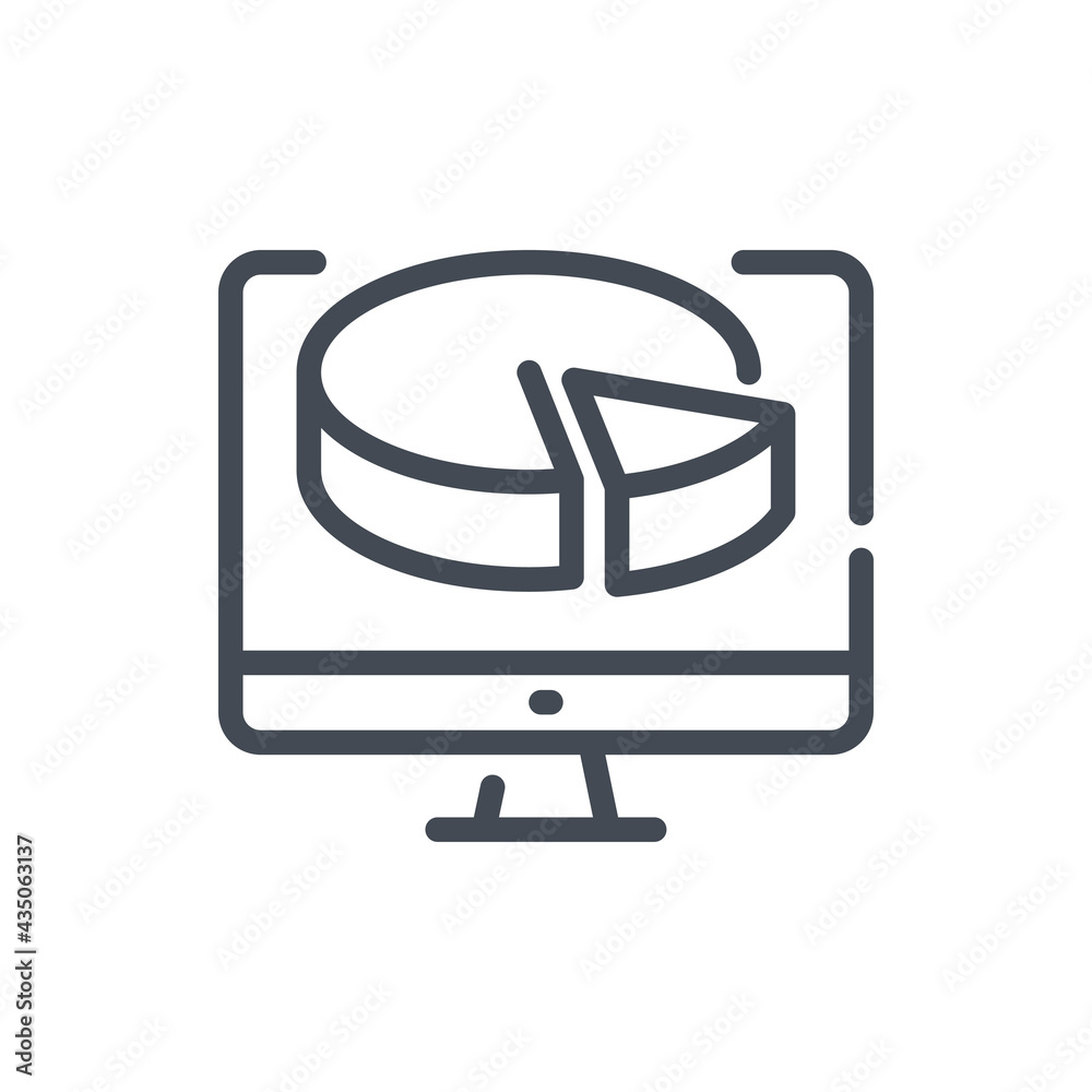 Poster computer with pie chart line icon. pc with online statistics and analytics vector outline sign.