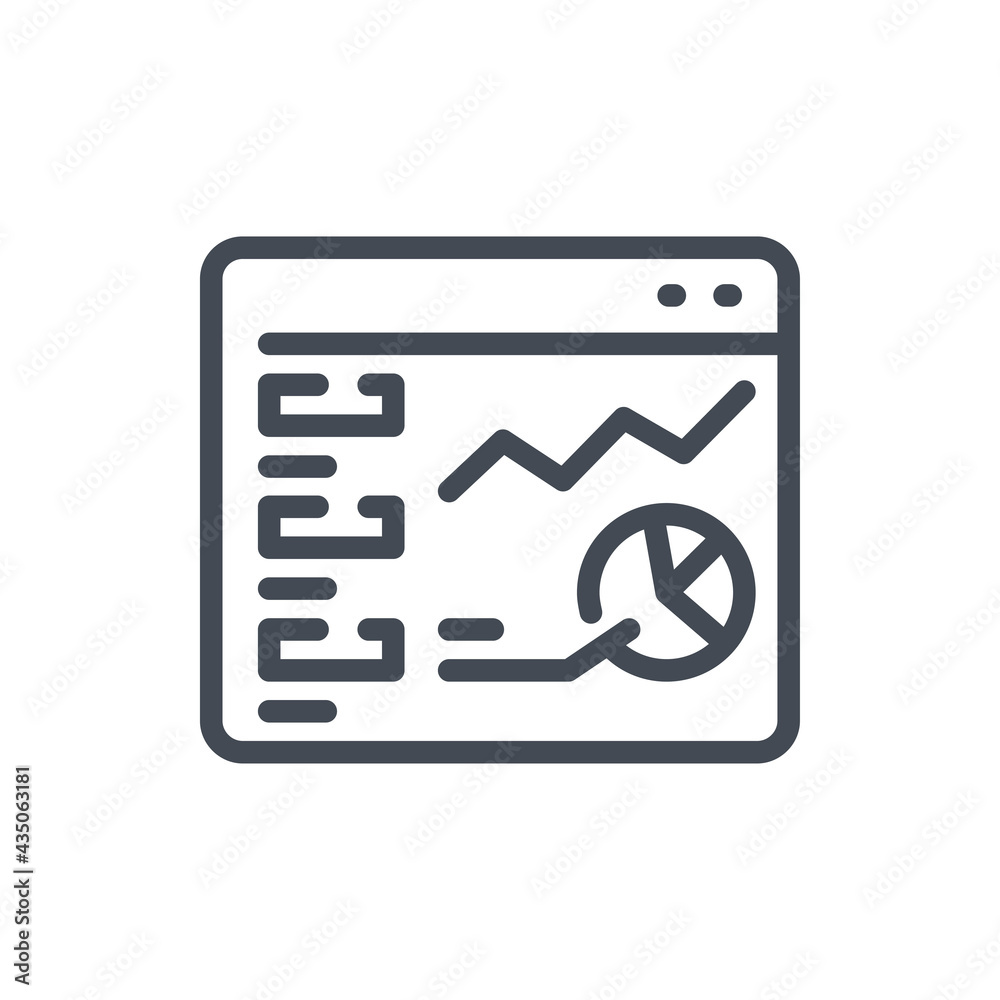Poster website with chart and analytics line icon. web page with online statistics and progress vector outl