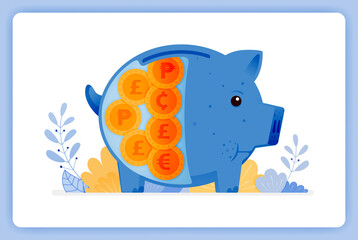 vector illustration of blue fat piggy bank with foreign money. saving and investing. Vector illustration set isolated on white background and can used for landing pages, websites, posters, mobile apps