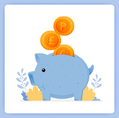 vector illustration of cute blue piggy bank with stacked coins. save for investment. Vector illustration set isolated on white background and can used for landing pages, websites, posters, mobile apps