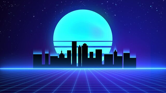 Glowing neon, synthwave and retrowave sun. 80s style, Retro Futurism Background. VHS intro. cyberpunk style. vintage Seamless loop Vaporwave, Retro video games, rave music, neon grid. sunset in city