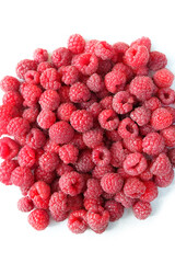 Red raspberry berries pile isolated on white background. sweet ripe Raspberry, vitamins healthy organic food. top view
