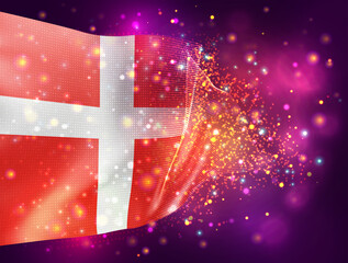 Denmark, vector 3d flag on pink purple background with lighting and flares