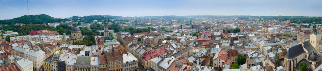 Fototapeta na wymiar Panoramic view of old european city in Ukarine, top view at Cathedral in Lviv, Cityscape view from City Hall