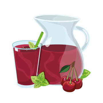 Jug with cherry juice, ripe cherry, vector illustration of food, glass with cherry juice