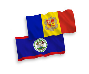 National vector fabric wave flags of Belize and Andorra isolated on white background. 1 to 2 proportion.