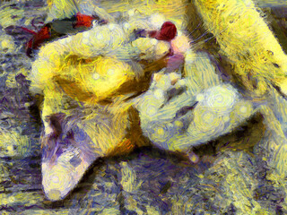 A cat lying on the floor Illustrations creates an impressionist style of painting.