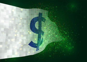 dollar currency on vector 3d flag on green background with polygons and data numbers